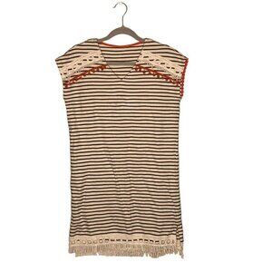 Striped Fringe Trim V-Neck Top Dress - Cream & Black